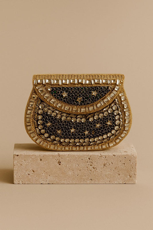 MASHHAD | Gold & Green Evening Bag | Kundan Clutch | Mini Embellished Minaudière Bag | Indian Wedding Purse | Handcrafted Bridal Clutch