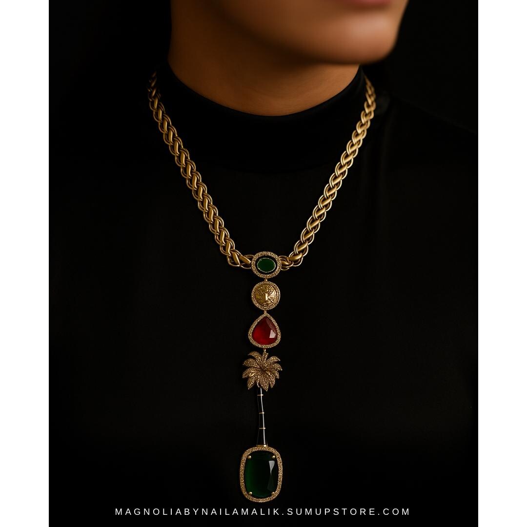 LANA Tiger and Palm Motif Designer Statement Necklace and Earrings Set in Green, Yellow and Red Stones 2 Variations