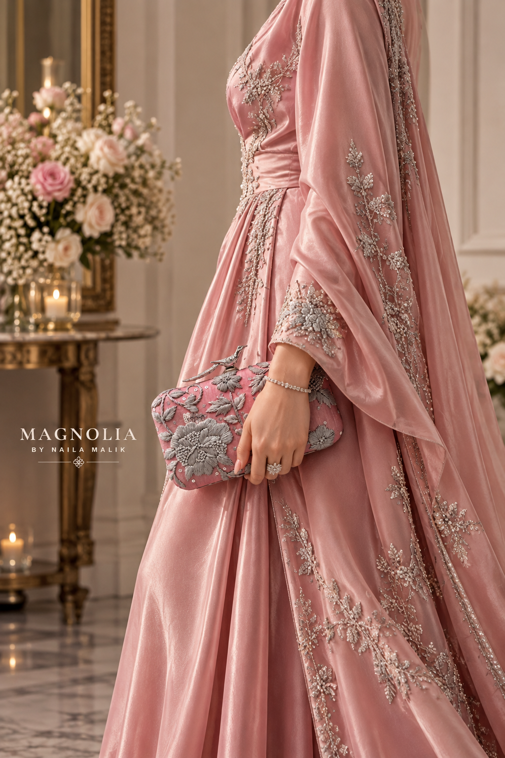 AUSTIN | Silver & Dusty Rose Embroidered Clutch