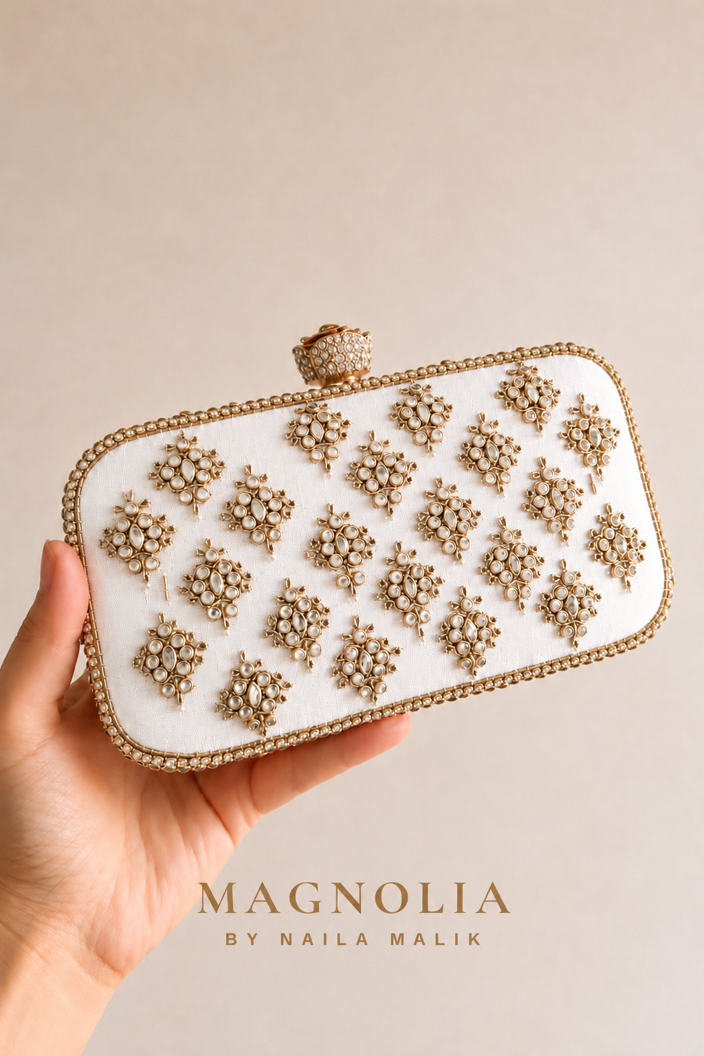 MANAMA | Kundan White Silk Clutch