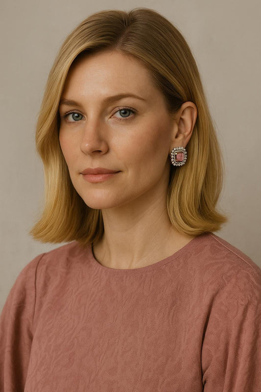 AMY |Pink Statement Stud Earrings: Gold-Plated Brass, CZ Halo