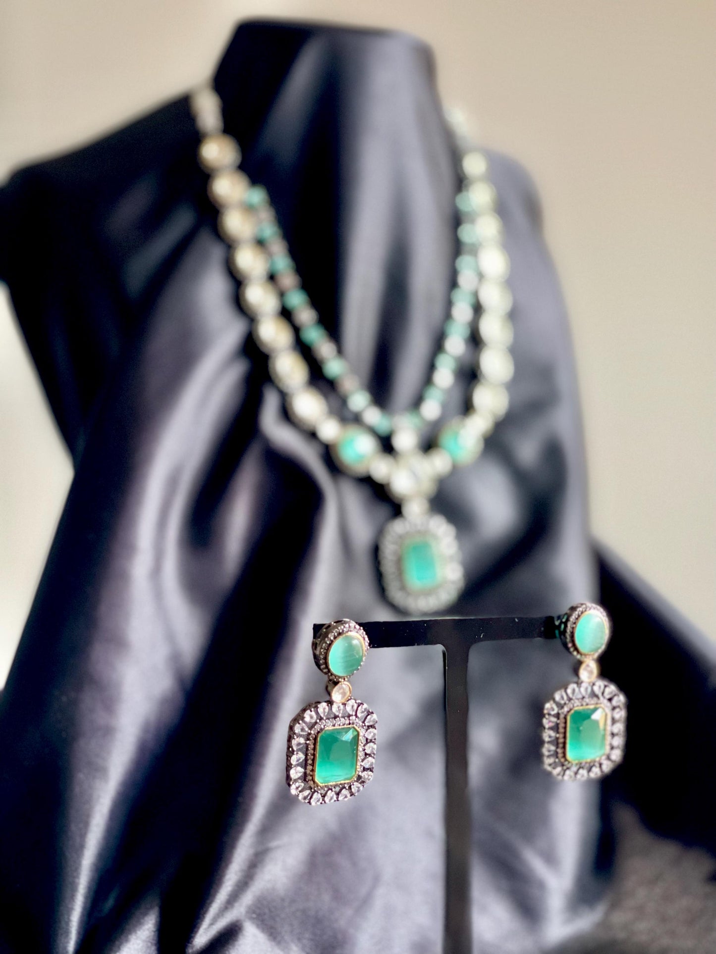 AFSANEY | Turquoise Polki Necklace Set with Crystals & CZ details | Bridal Engagement Jewelry Set