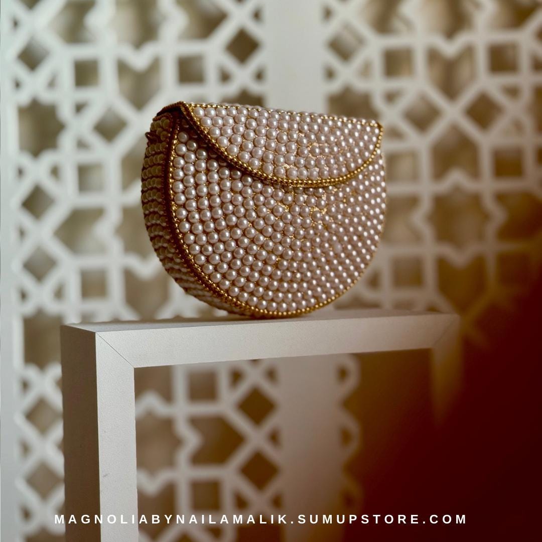 MUTTRAH SOUQ | Pearl Work Mini Minaudiere Cabochon Clutch Purse Formal Event Party Accessories Fashion Bag | Birthday Gift