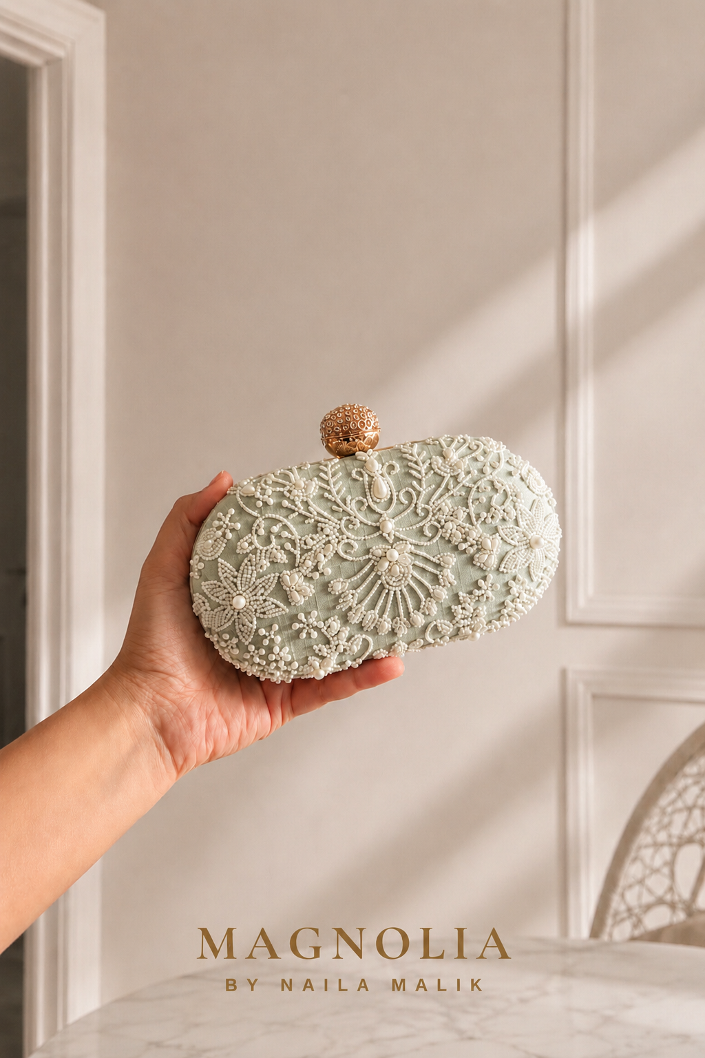 MALLAWI | Sage Green Pearl Embellished Clutch