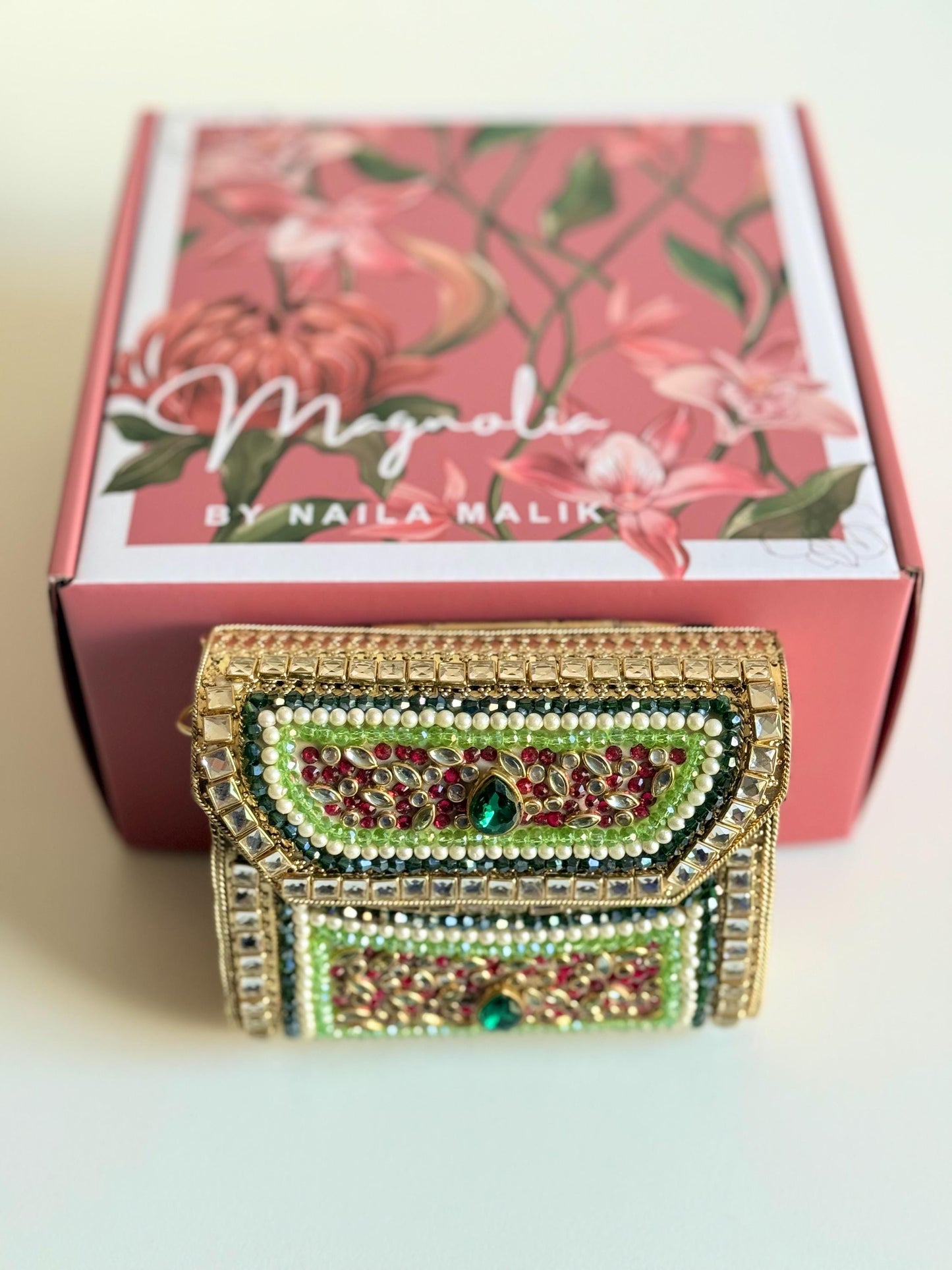 SOUQ WAQIF | Pink & Green Evening Bag | Kundan Clutch | Mini Embellished Minaudière Bag | Indian Wedding Purse | Handcrafted Bridal Clutch