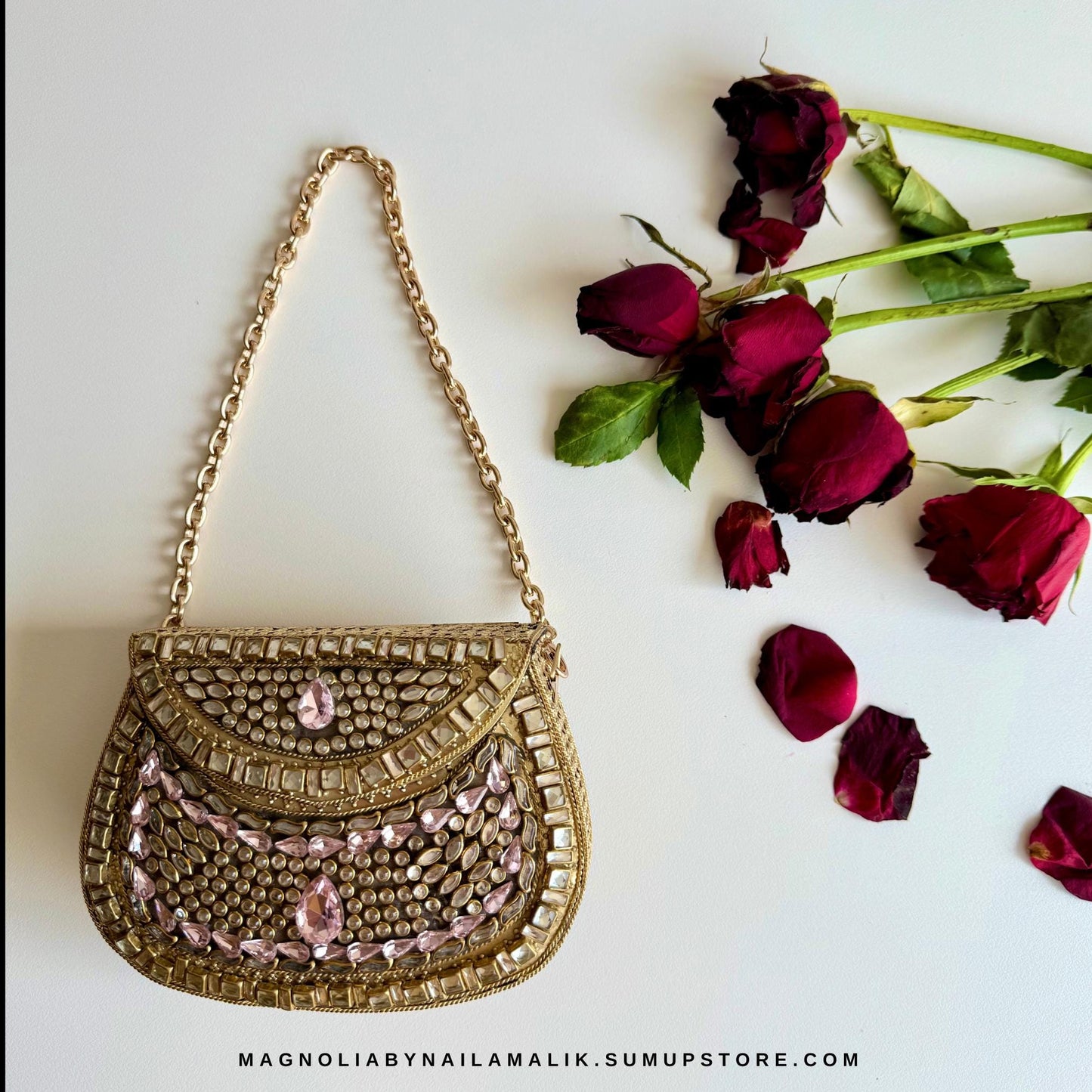 Luxury Kundan Clutch | Mini Embellished Minaudière Bag | Indian Wedding Purse | Pink & Green Evening Bag | Handcrafted Bridal Clutch |Ethnic