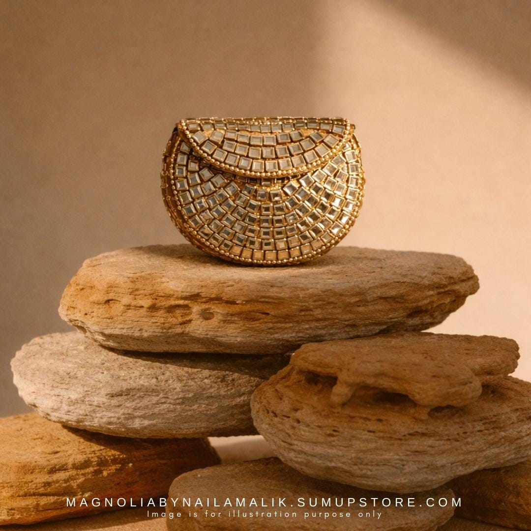 MEENA BAZAAR | Micro Mini Glass Work Kundan Minaudiere Clutch Purse