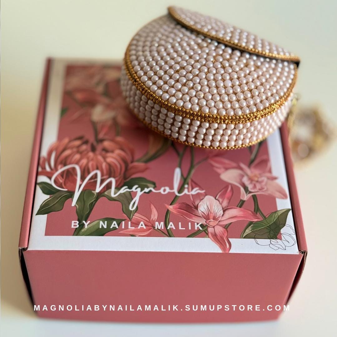MUTTRAH SOUQ | Pearl Work Mini Minaudiere Cabochon Clutch Purse Formal Event Party Accessories Fashion Bag | Birthday Gift