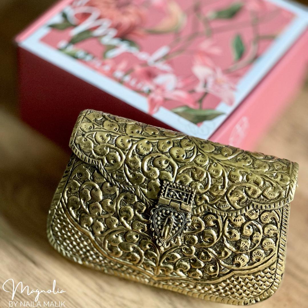 KOLKATA | Vintage Gold Clutch Bag Antique Touch Statement Bridal Trendy Ethnic Unique