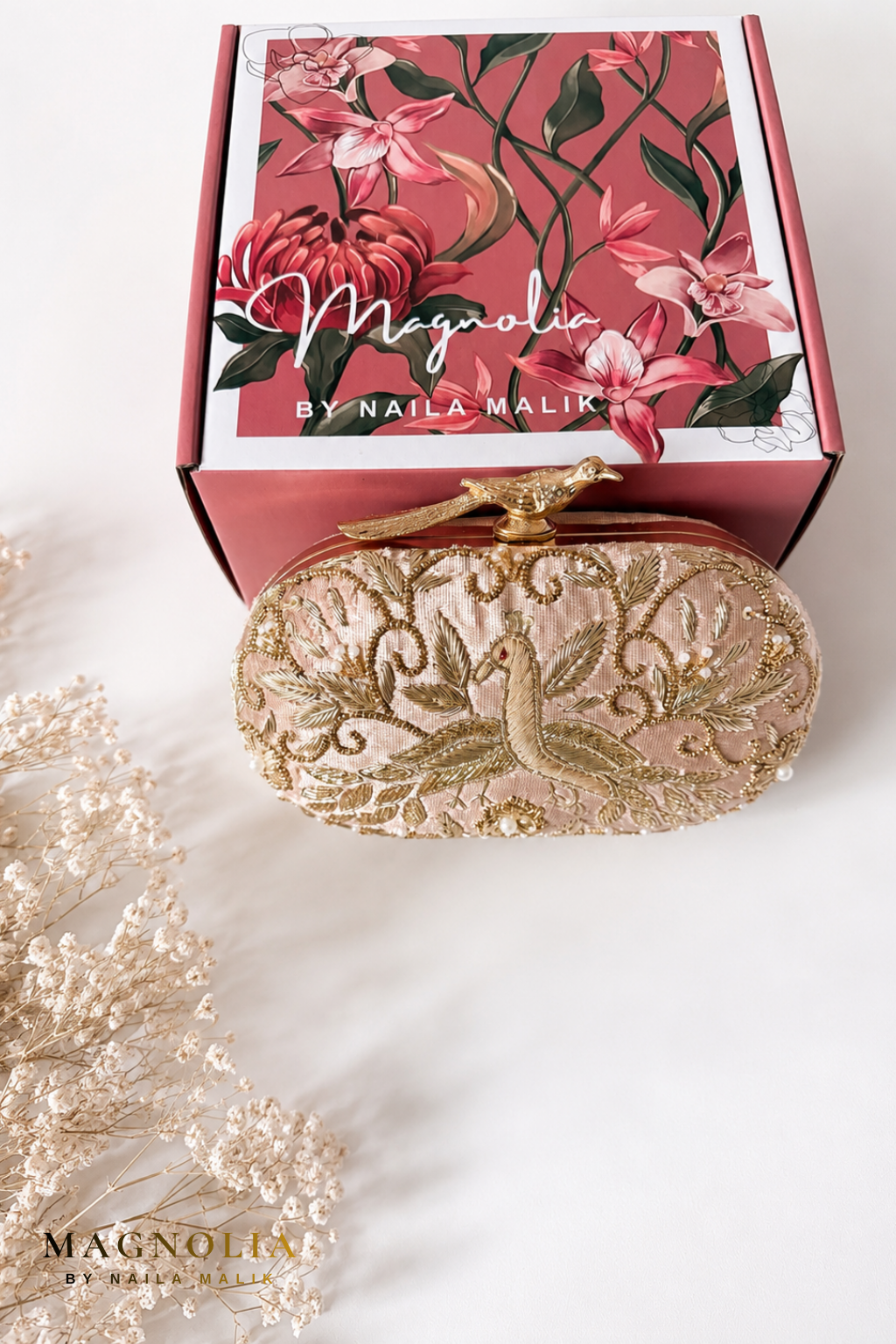 BUSAN | Dusty Rose Bird Embroidery Clutch