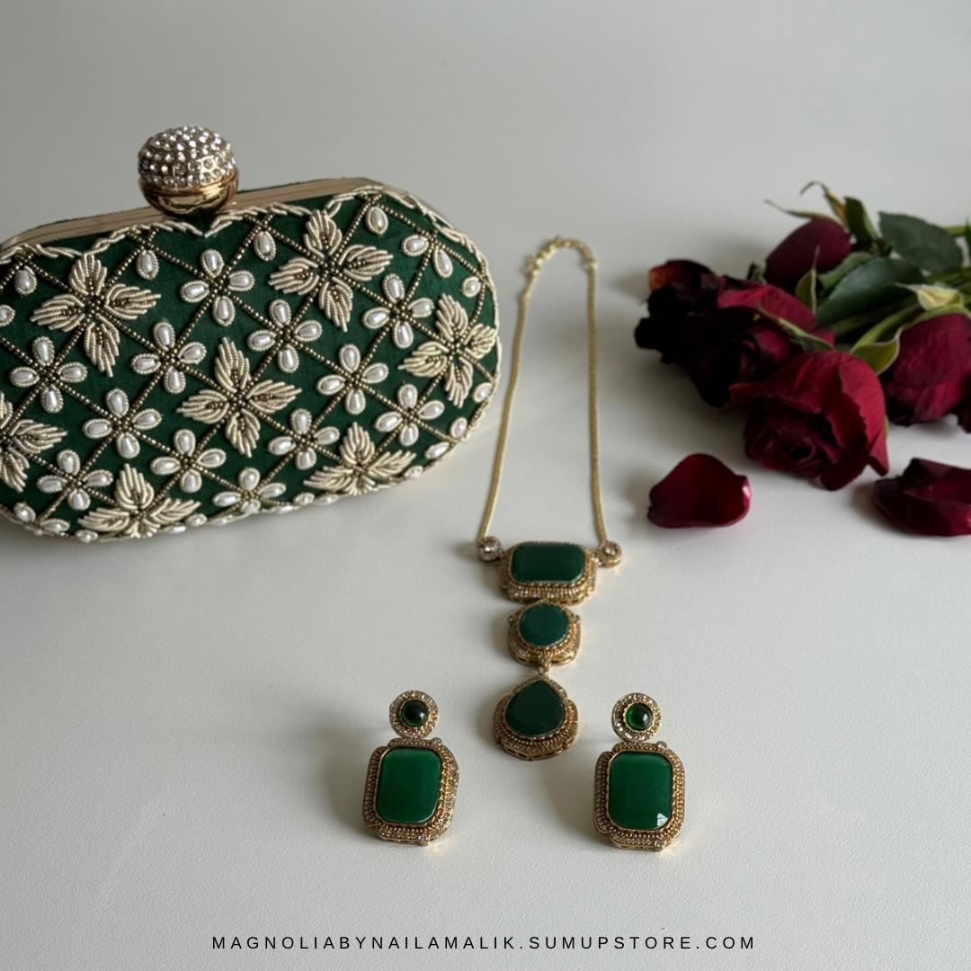 RIYA | Green Aventurine Necklace and Earrings Set: Gold Detail, Gift Box