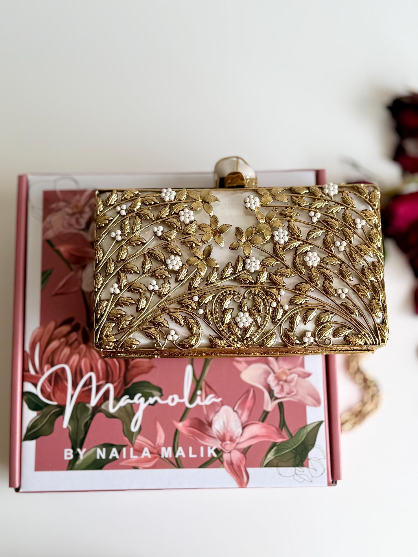 MELBOURNE | Gold Motif Rectangle Clutch Bag Mother of Pearl Evening Purse