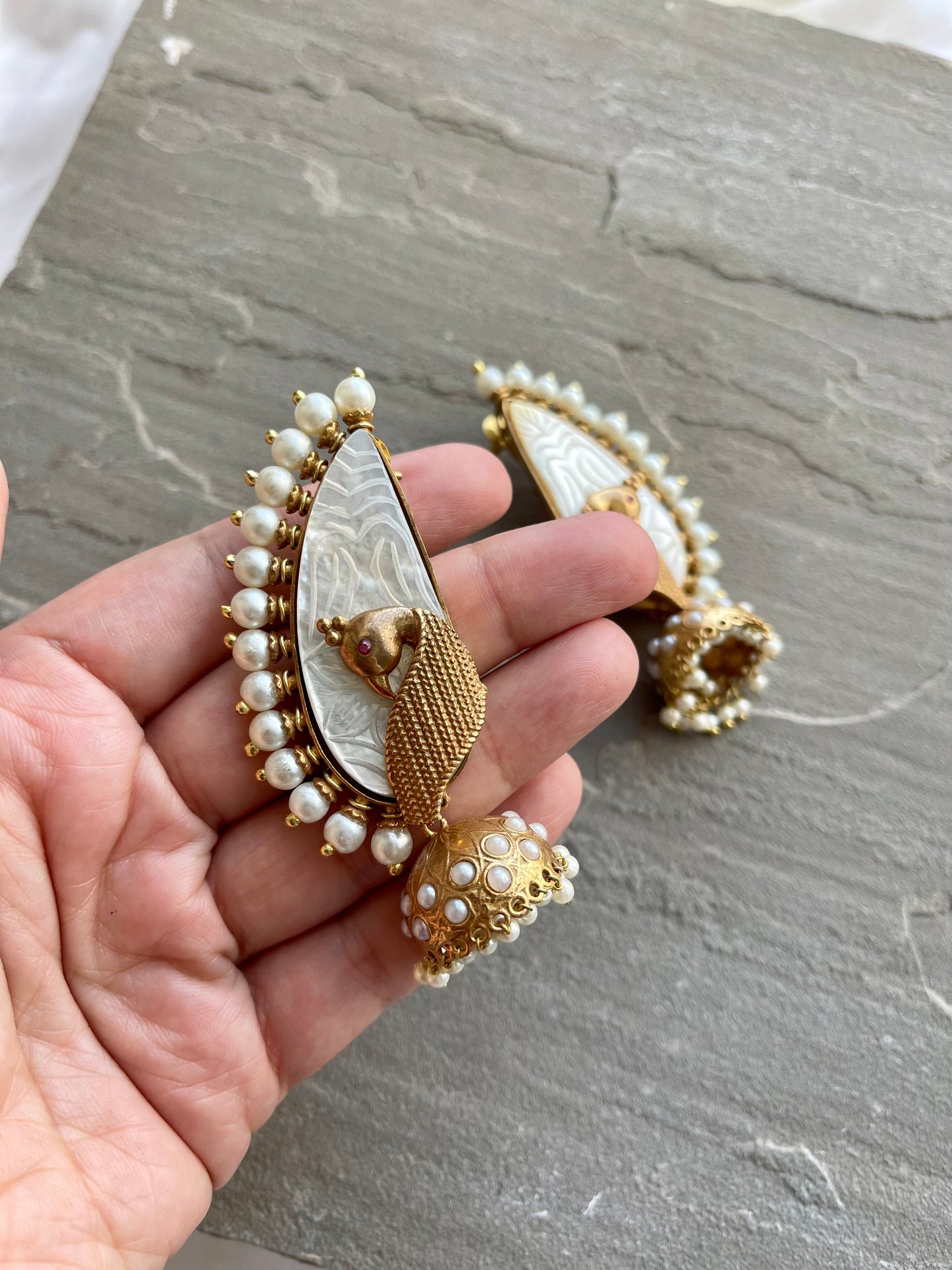 PARIVASH | Statement Gold White Pearl Peacock Earrings