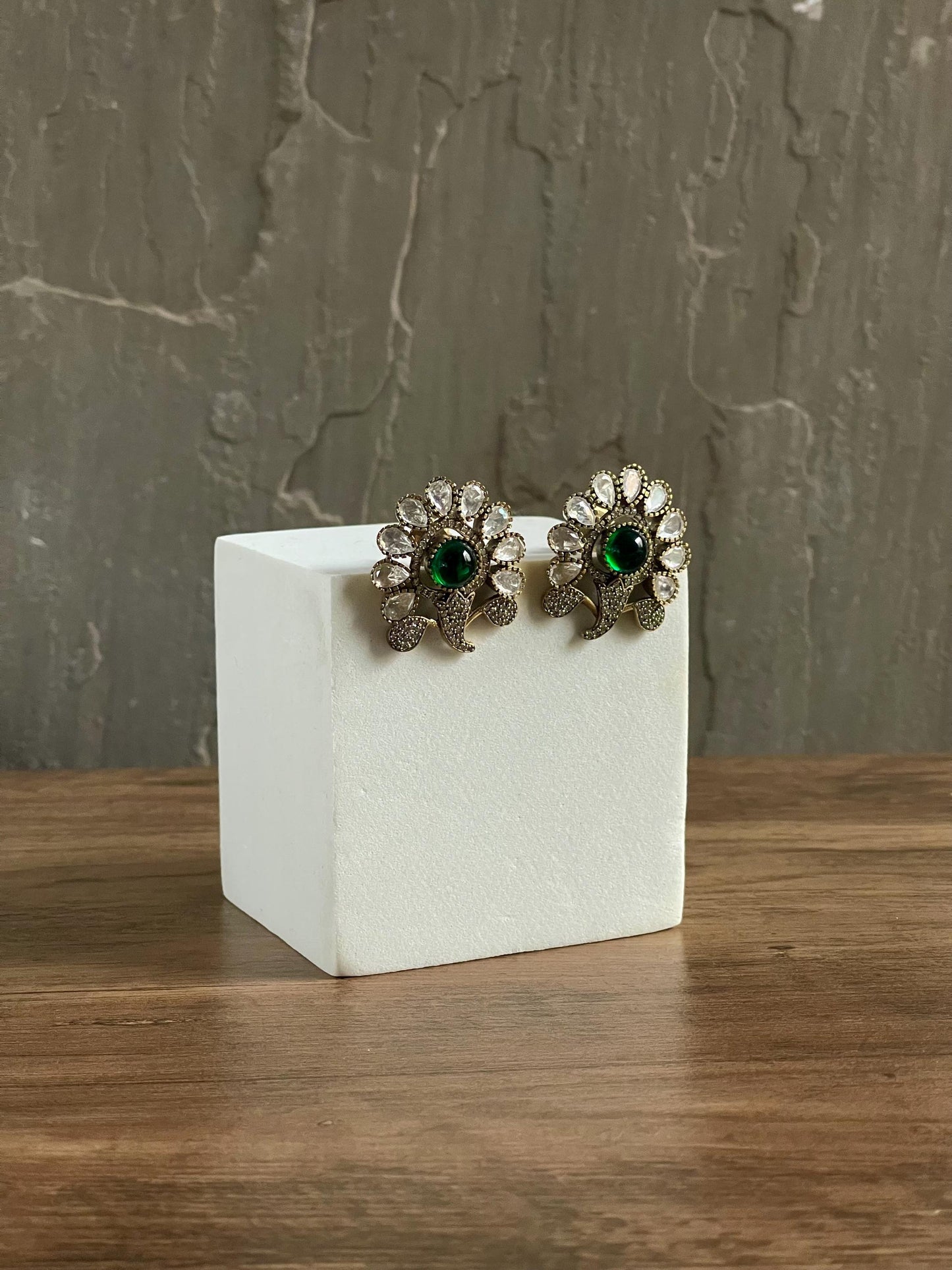 GLORIA | Polki Floral Statement Studs: Crystal & Antique Gold, Red/Pink/Green