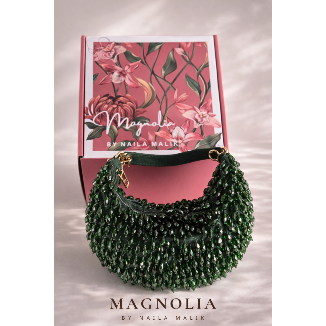 PORTOBELLO ROAD Emerald Green Beaded Party Purse | Luxury Handmade Evening Statement Bag