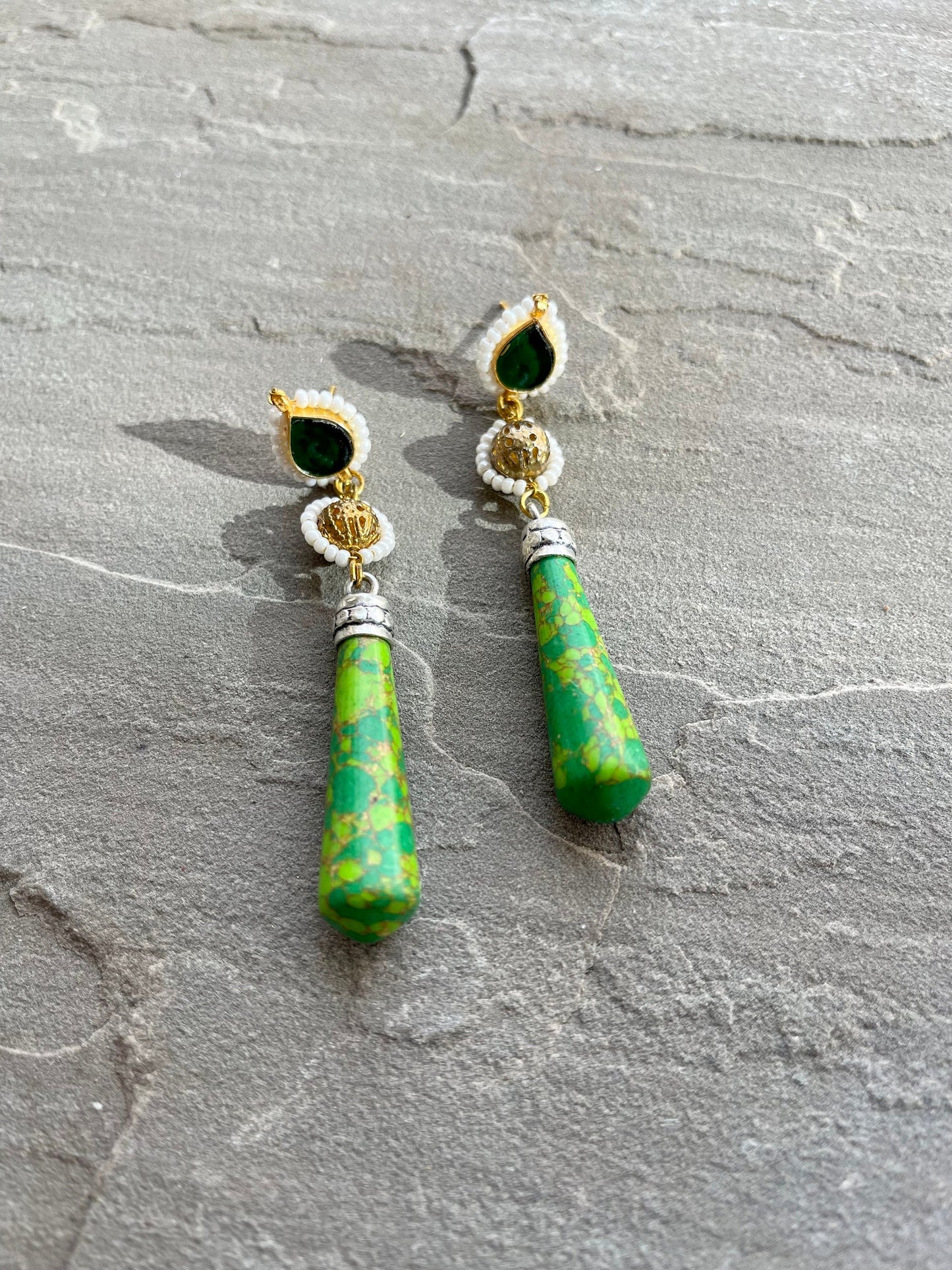 HEBA | Marble Effect Earrings Gold and Green traditional Indian Jewellery