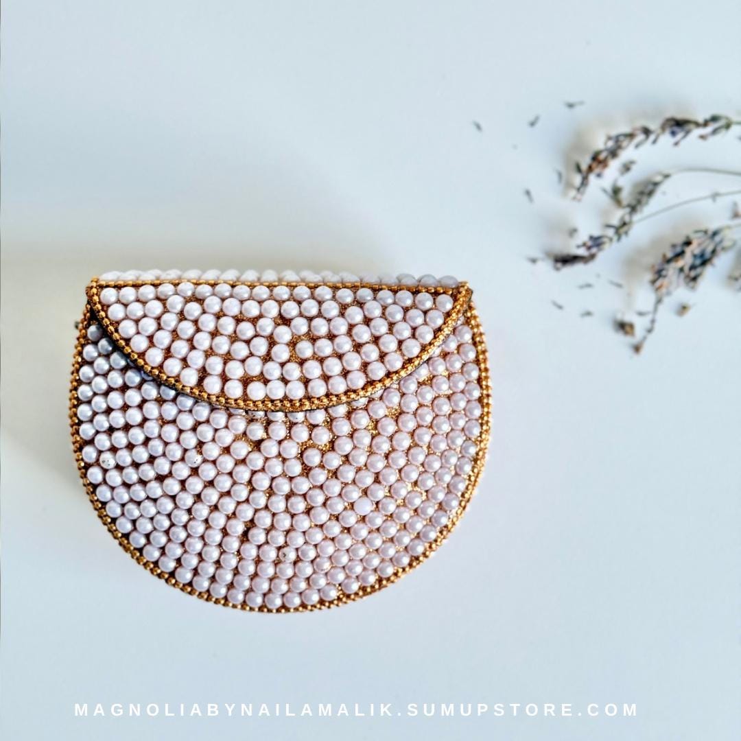 MUTTRAH SOUQ | Pearl Work Mini Minaudiere Cabochon Clutch Purse Formal Event Party Accessories Fashion Bag | Birthday Gift