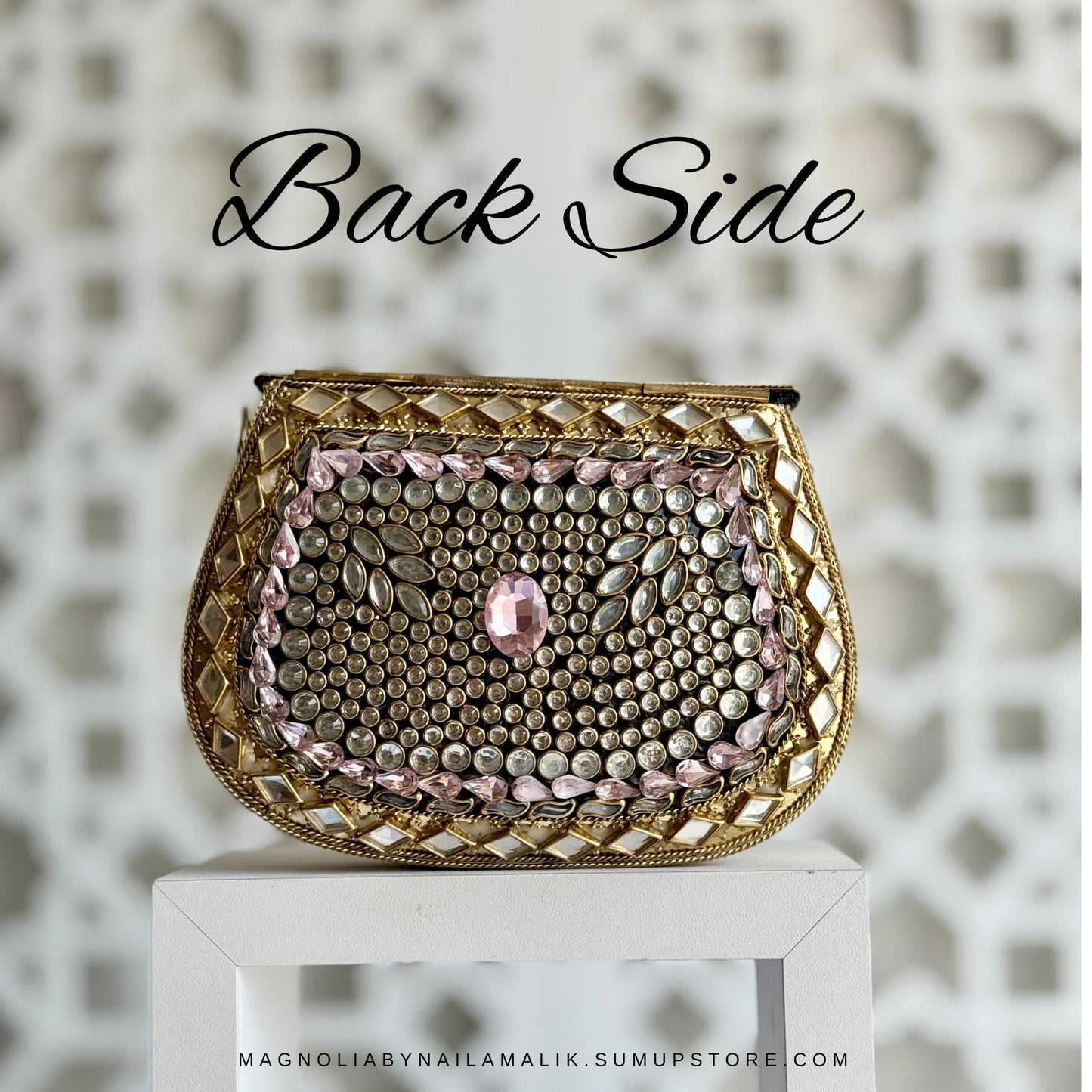 Luxury Kundan Clutch | Mini Embellished Minaudière Bag | Indian Wedding Purse | Pink & Green Evening Bag | Handcrafted Bridal Clutch |Ethnic