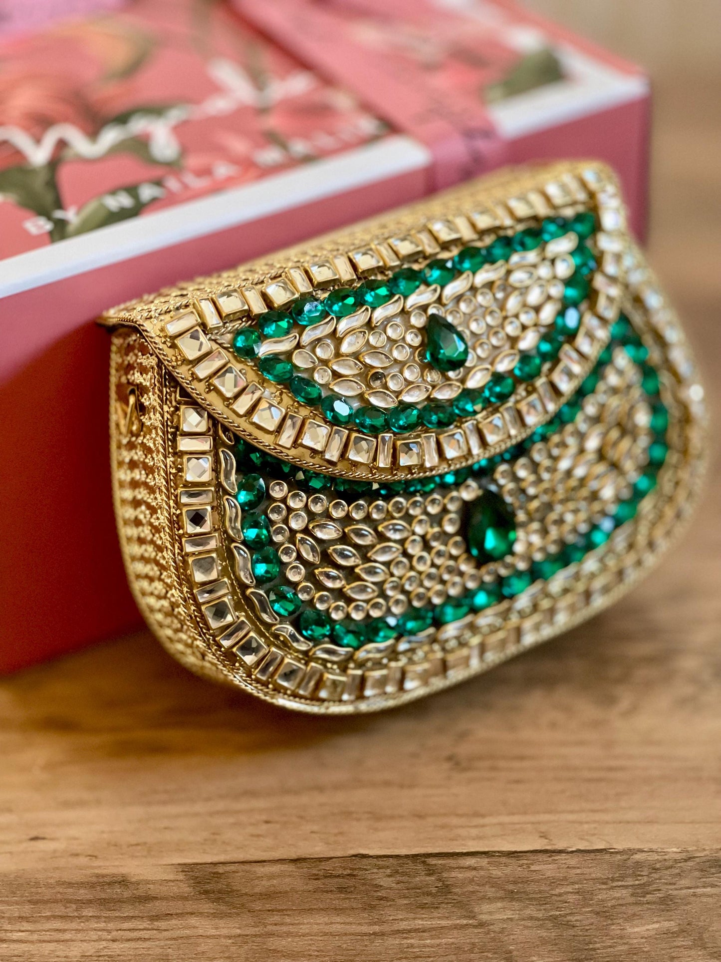 SHIRAZ | Luxury Kundan Clutch | Mini Embellished Minaudière Bag | Indian Wedding Purse | Gold & Green Evening Bag | Handcrafted Bridal Clutch |Ethnic