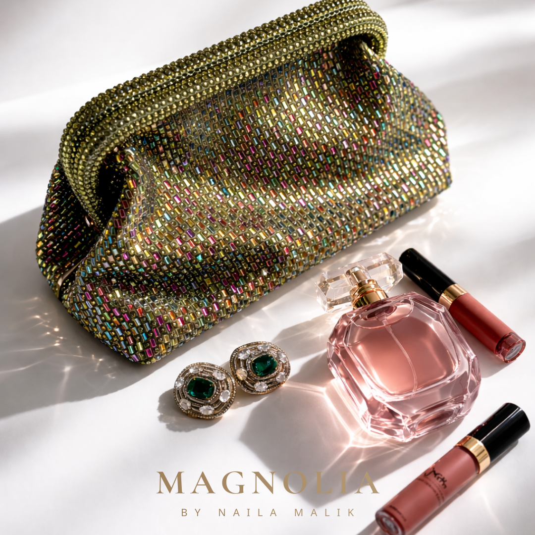 LA BOQUERIA Olive green crystal clutch bag | Multicolour evening purse | Luxury statement party bag
