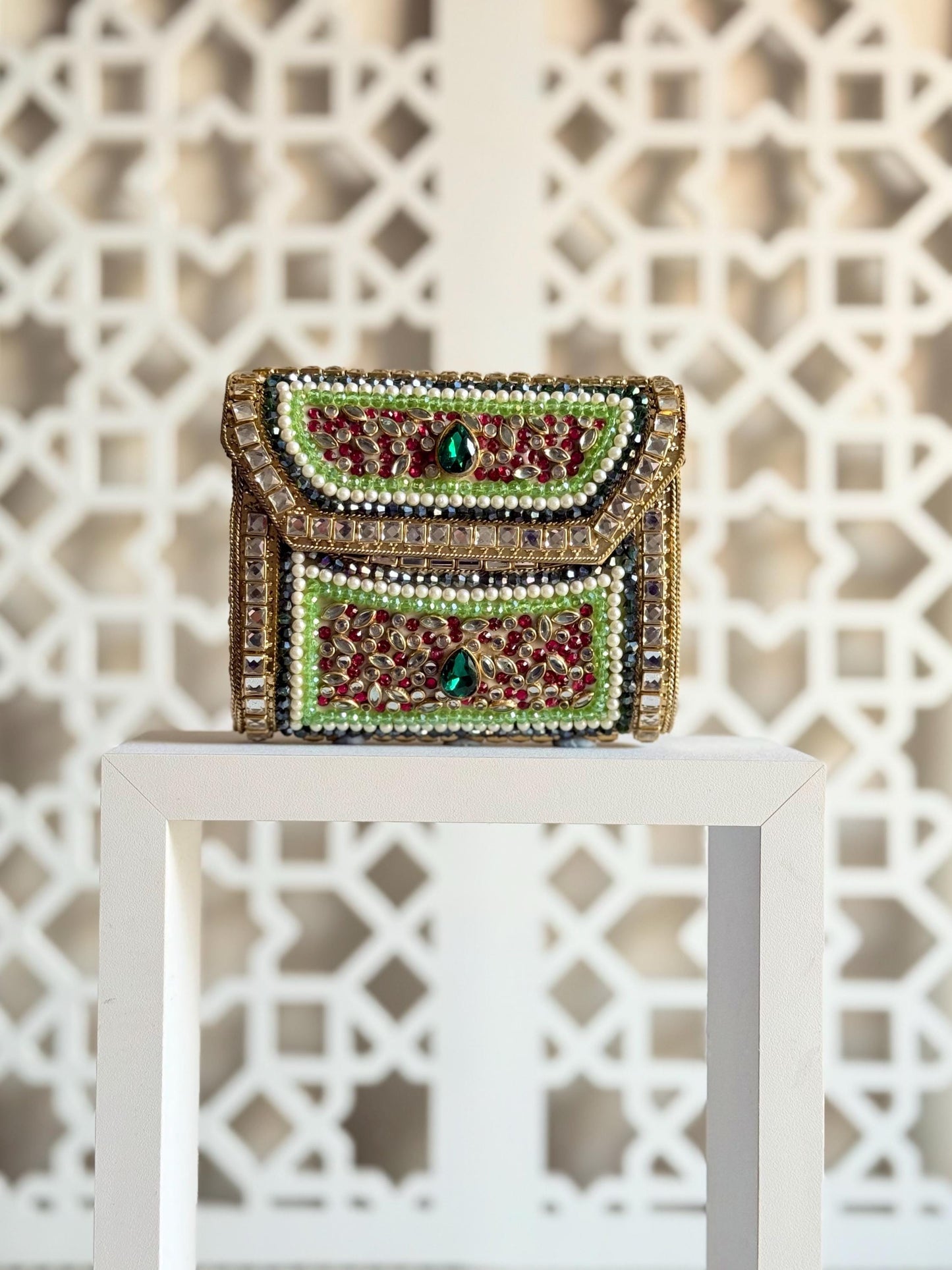 SOUQ WAQIF | Pink & Green Evening Bag | Kundan Clutch | Mini Embellished Minaudière Bag | Indian Wedding Purse | Handcrafted Bridal Clutch