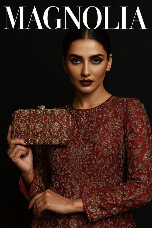 DELHI Knot Clasp |Dark Red Silk Clutch | Antique Gold Dabka Work | Handcrafted Bridal Evening Bag