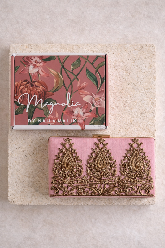 AMARNA | Dusty Rose Pink Embroidered Clutch Bag – Gold Zardozi Bridal Purse, Indian Wedding Evening Bag