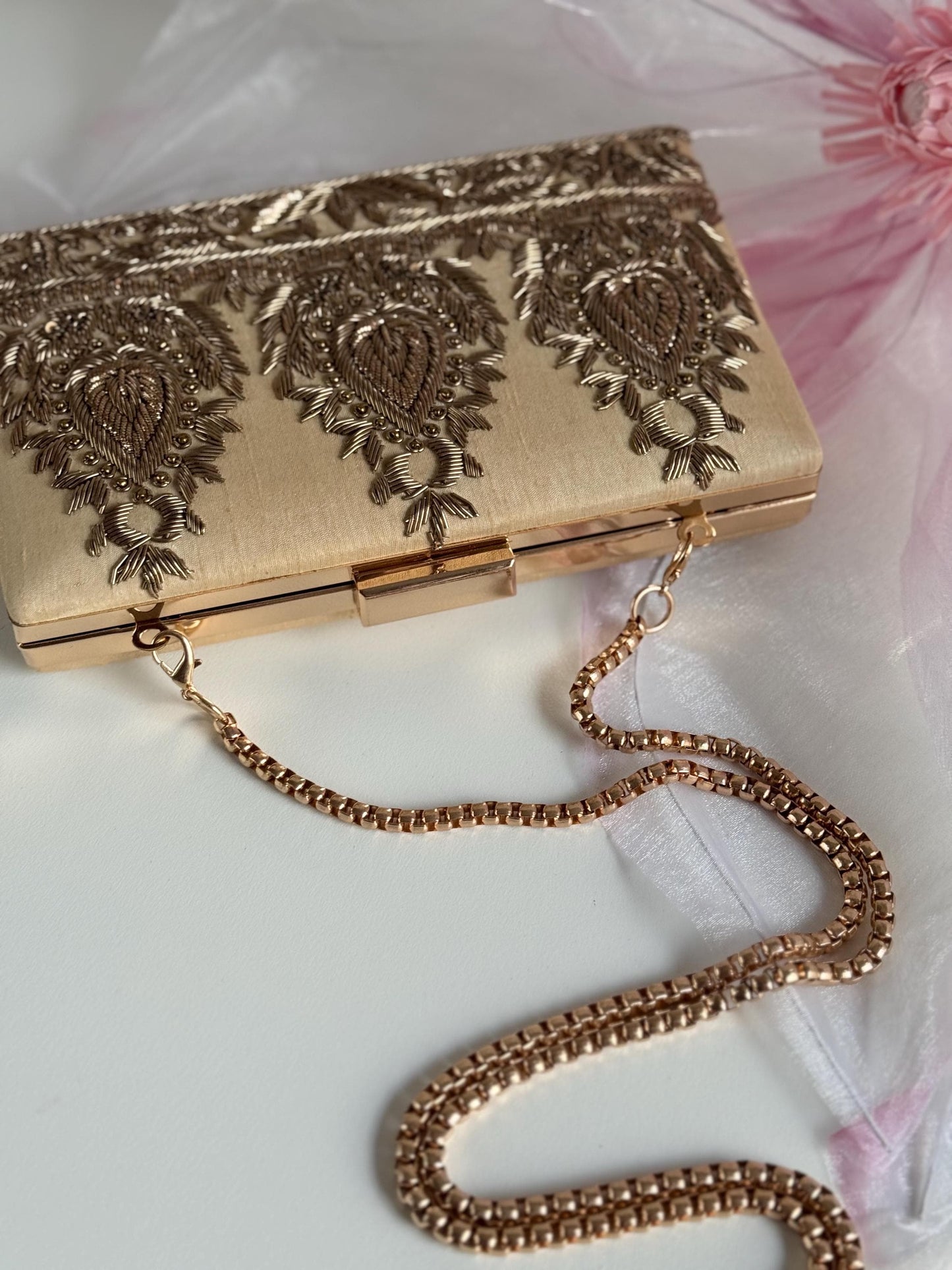 AMARNA | Hand Embellished Light Gold Clutch | Zardozi Dabka Embroidery | Paisley Wedding Clutch | Festive Bridal Purse | Traditional Evening Bag