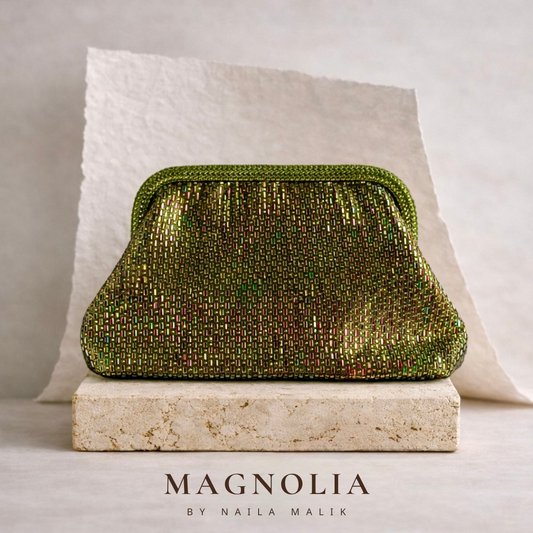 LA BOQUERIA Olive green crystal clutch bag | Multicolour evening purse | Luxury statement party bag