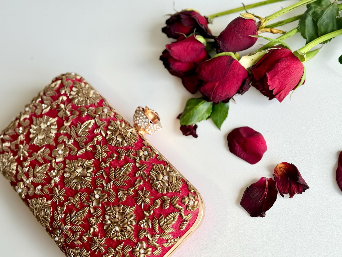 DELHI ~ Rose Clasp|
Dark Red Silk Clutch | Antique Gold Dabka Work | Handcrafted Bridal Evening Bag