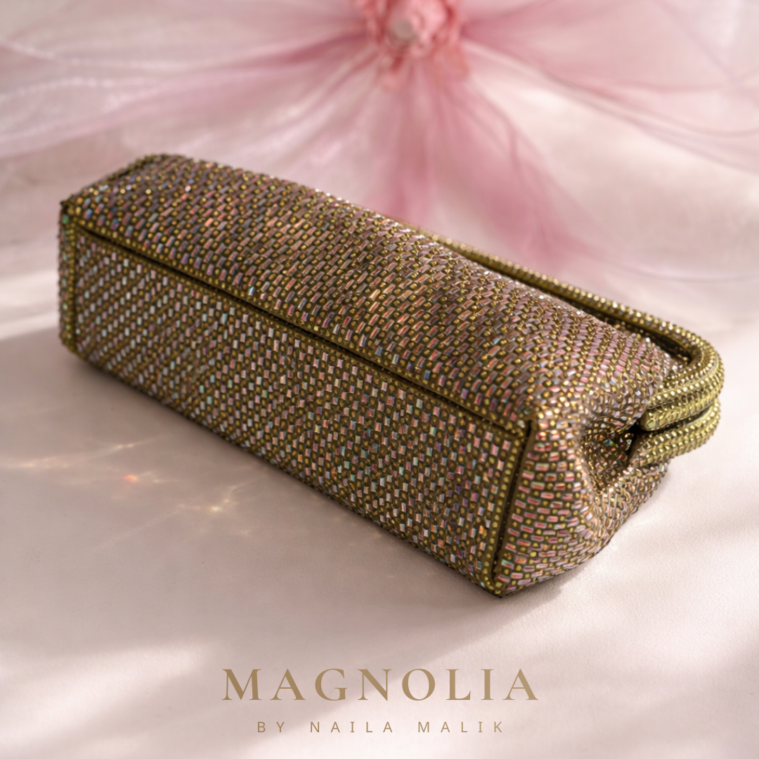 LA BOQUERIA Olive green crystal clutch bag | Multicolour evening purse | Luxury statement party bag