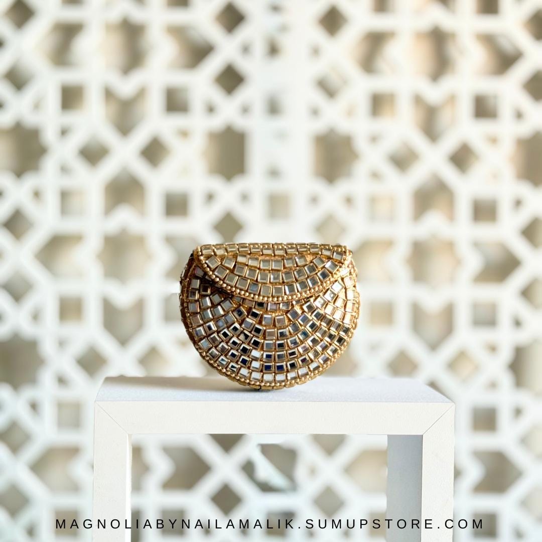 MEENA BAZAAR | Micro Mini Glass Work Kundan Minaudiere Clutch Purse