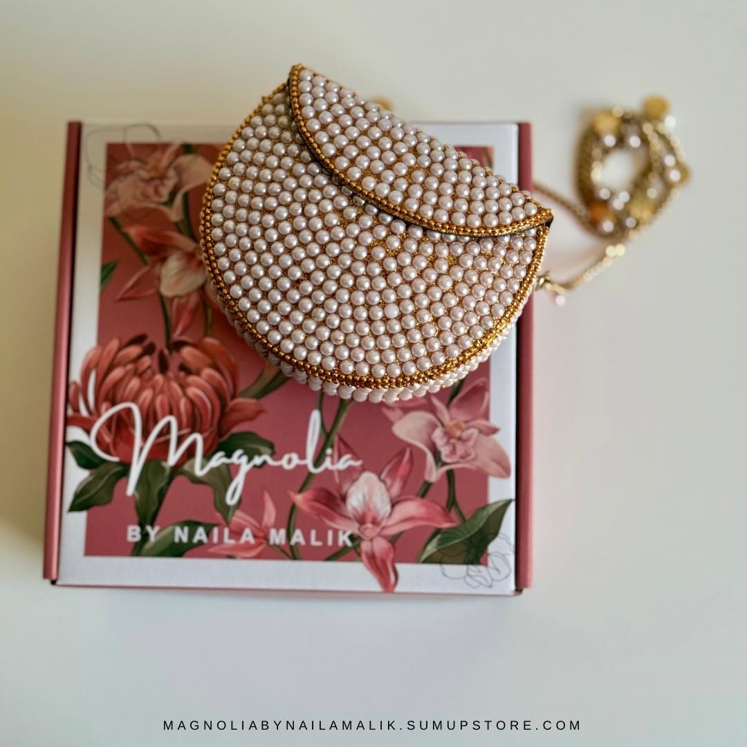 MUTTRAH SOUQ | Pearl Work Mini Minaudiere Cabochon Clutch Purse Formal Event Party Accessories Fashion Bag | Birthday Gift