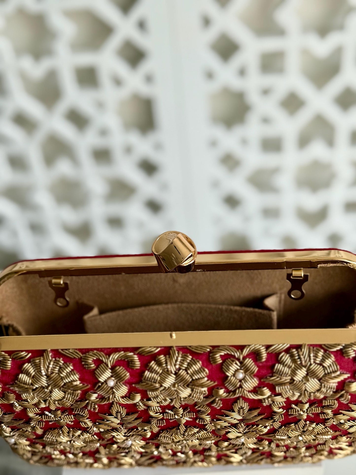 DELHI Knot Clasp |Dark Red Silk Clutch | Antique Gold Dabka Work | Handcrafted Bridal Evening Bag