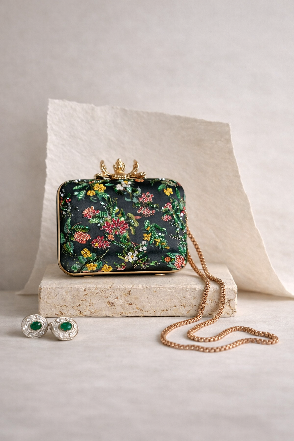 SEVILLE | Floral Printed Clutch Bag with Embellishment and Thread Embroidery