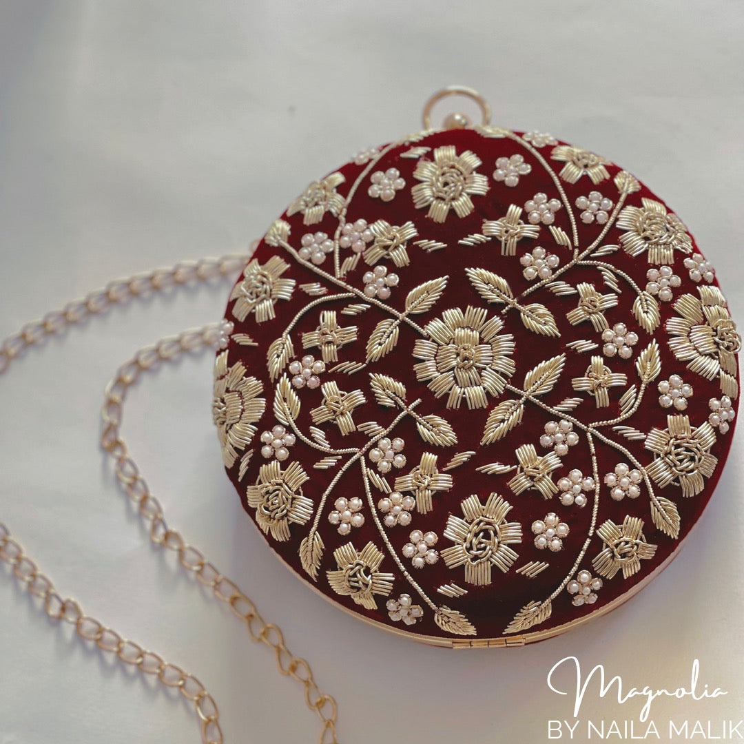 AGRA Maroon Velvet Round Clutch (Final Stock)