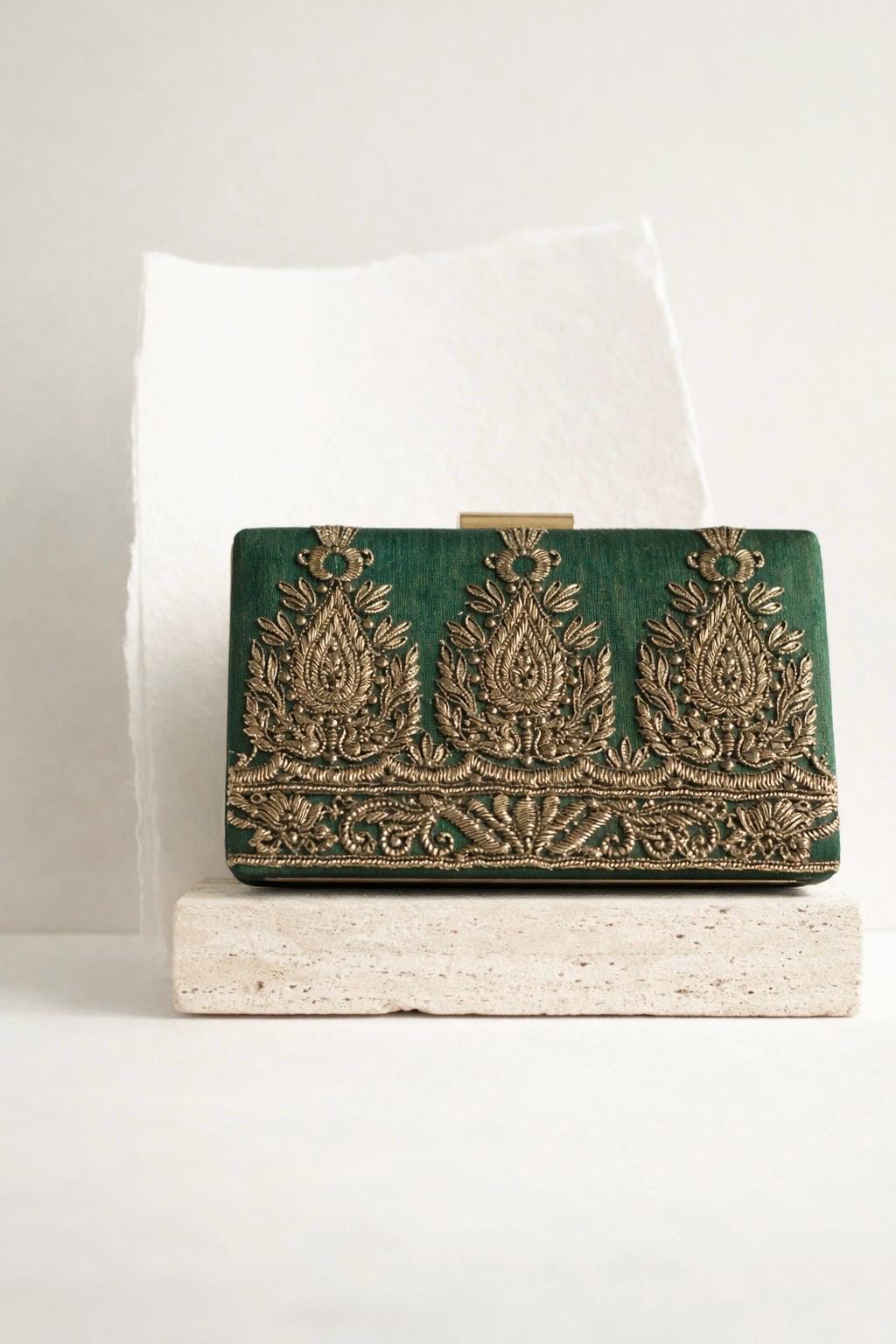 AMARNA | Green Clutch | Zardozi Dabka Embroidery | Paisley Wedding Clutch | Festive Bridal Purse | Traditional Evening Bag