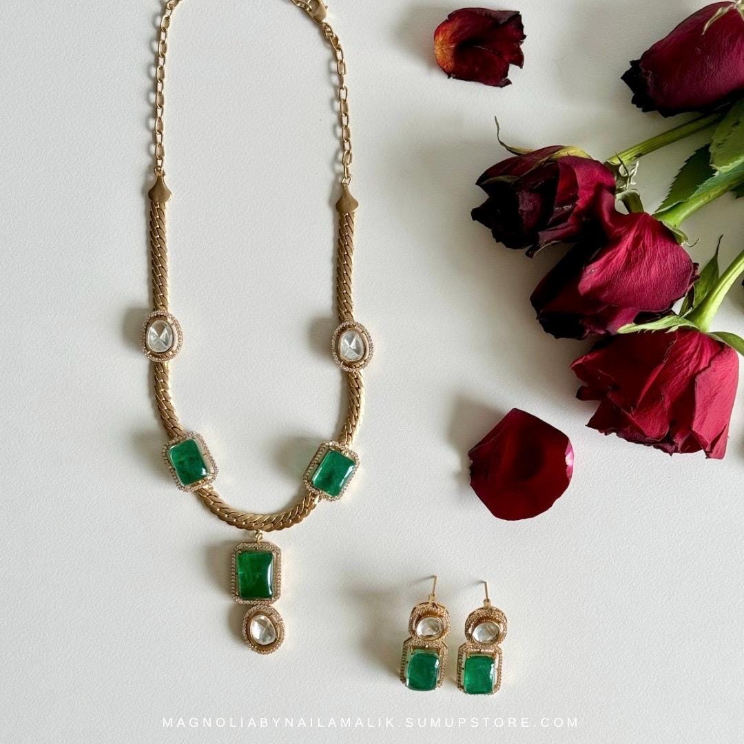 FAY Polki Green and Gold Necklace and Earrings Set | Gift Box Included | Wedding Jewelry