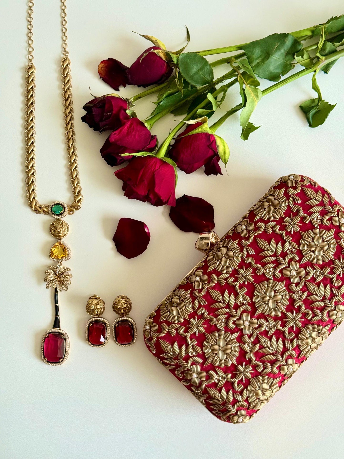 DELHI Knot Clasp |Dark Red Silk Clutch | Antique Gold Dabka Work | Handcrafted Bridal Evening Bag