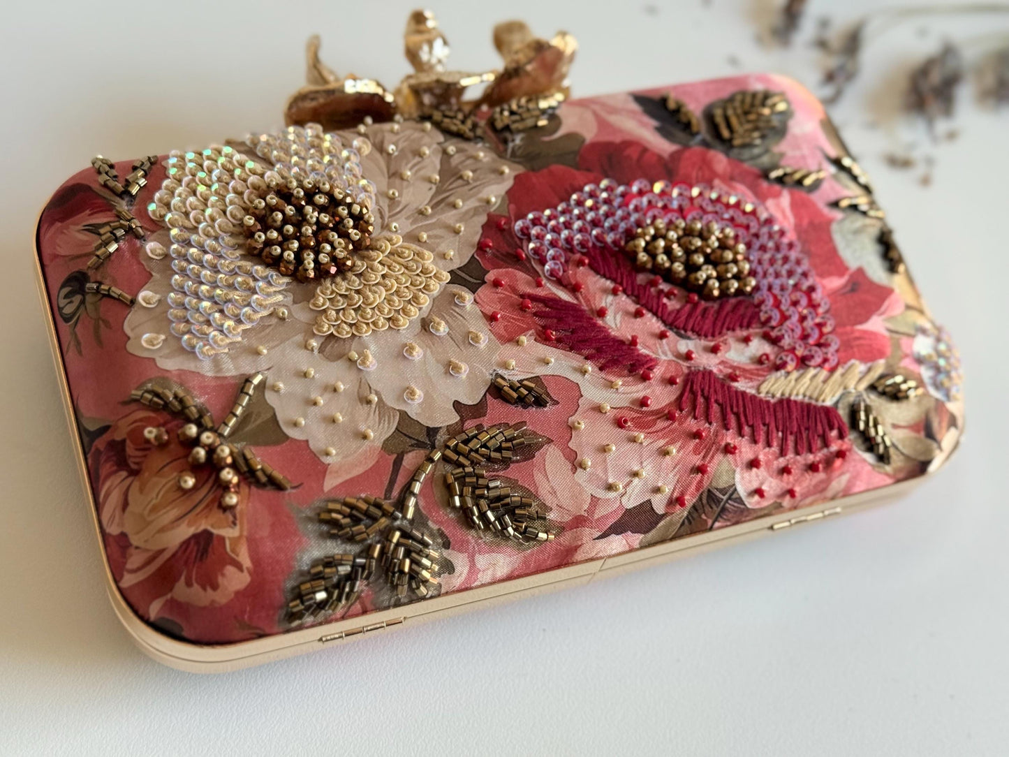 FLORENCE | Floral Printed Silk Clutch | Embellished Evening Bag with Floral Clasp