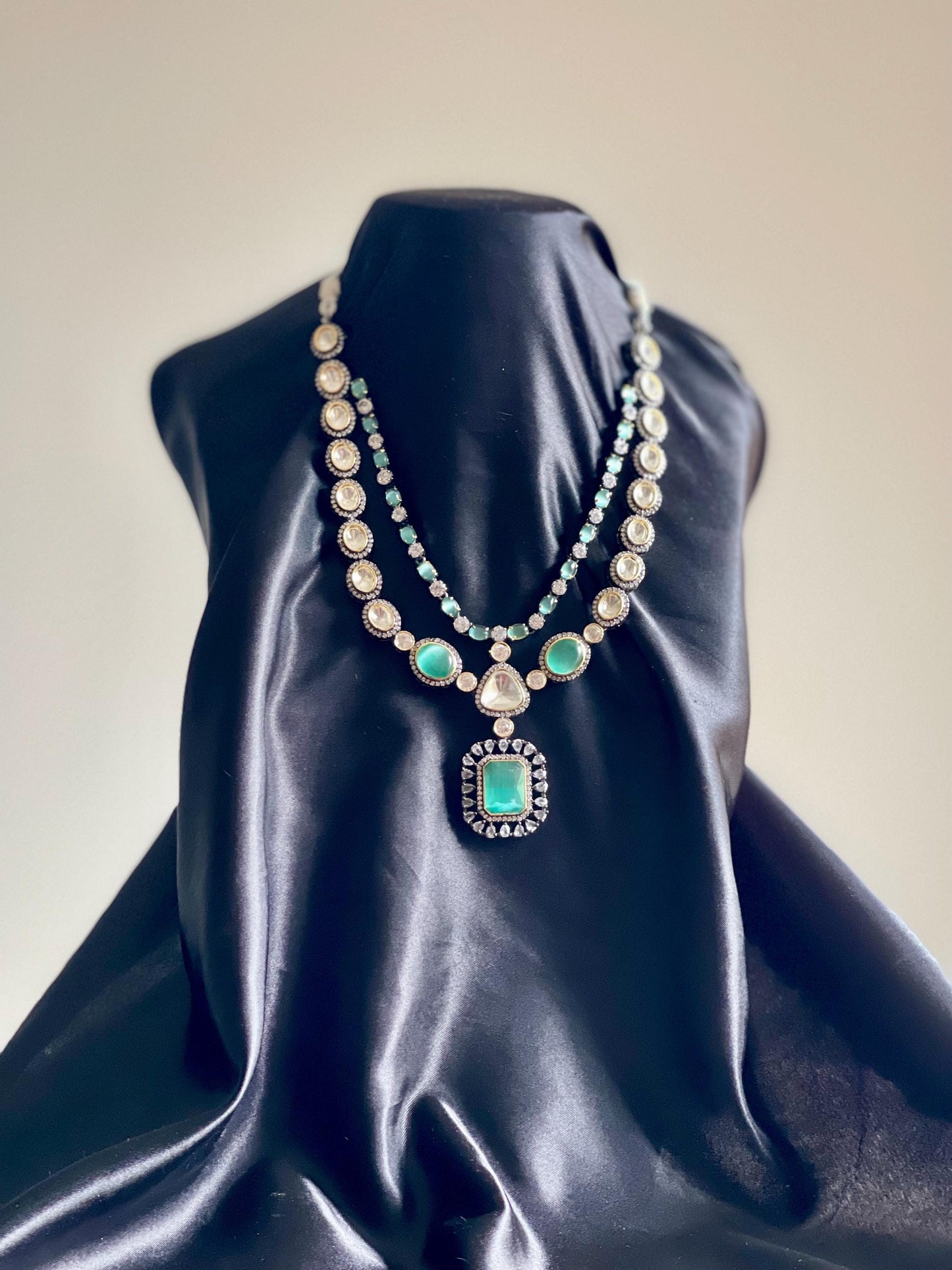 AFSANEY | Polki Silver and Turquoise CZ Indian Modern Jewelry Set with Earrings