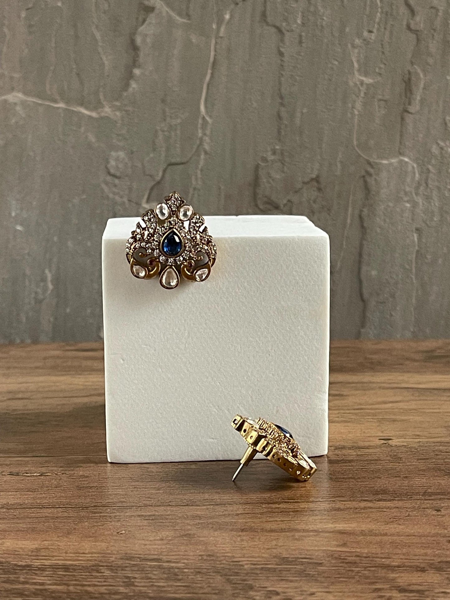 KEEYA | Blue and Antique Gold Oversized Stud Earrings: Keeya Statement Jewelry | Birthday Gift