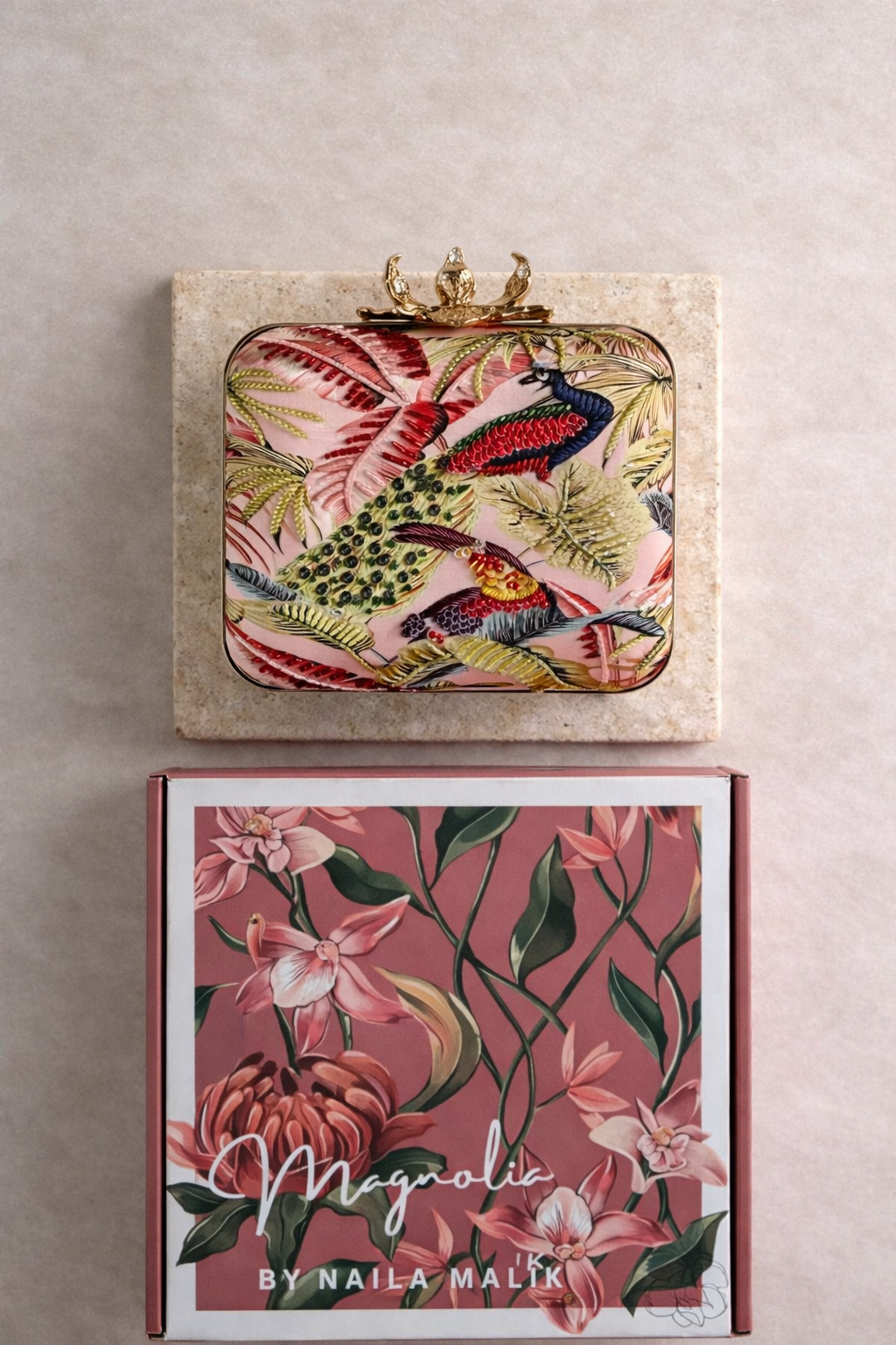 SAVANNAH Embroidered Bird Clutch Bag: Tropical Foliage, Beaded Evening Purse