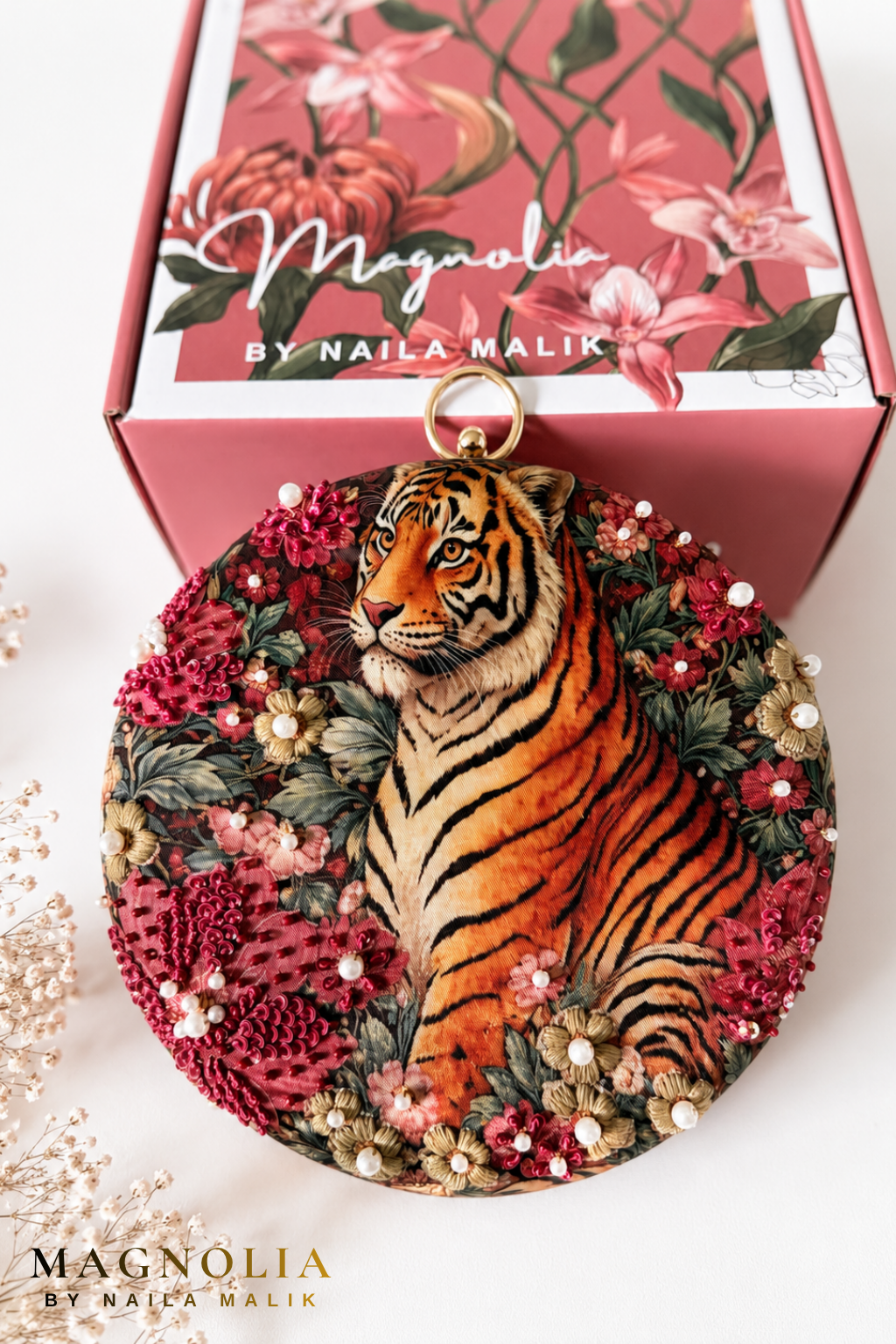 BAGH OF BENGAL | Indian Themed Red Orange Printed Embroidered Clutch