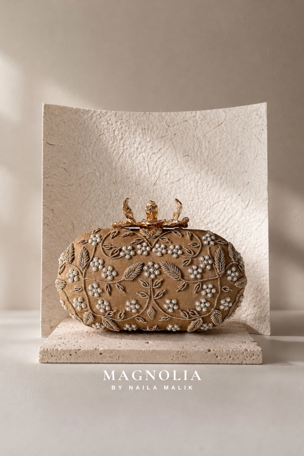 SUEZ | Floral Embroidery Gold Clutch