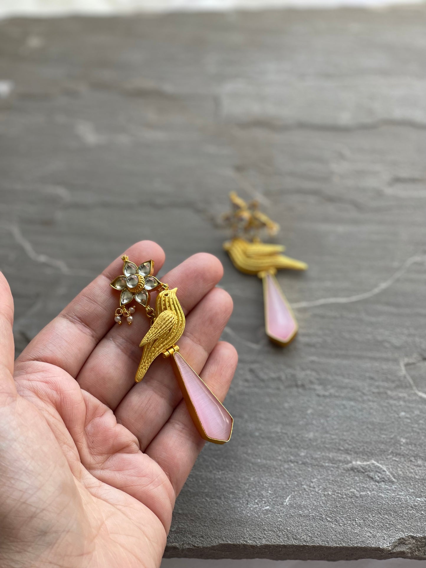 ESRAH | Pink & Gold Bird Earrings