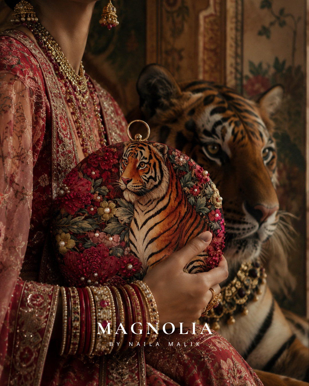 BAGH OF BENGAL | Indian Themed Red Orange Printed Embroidered Clutch
