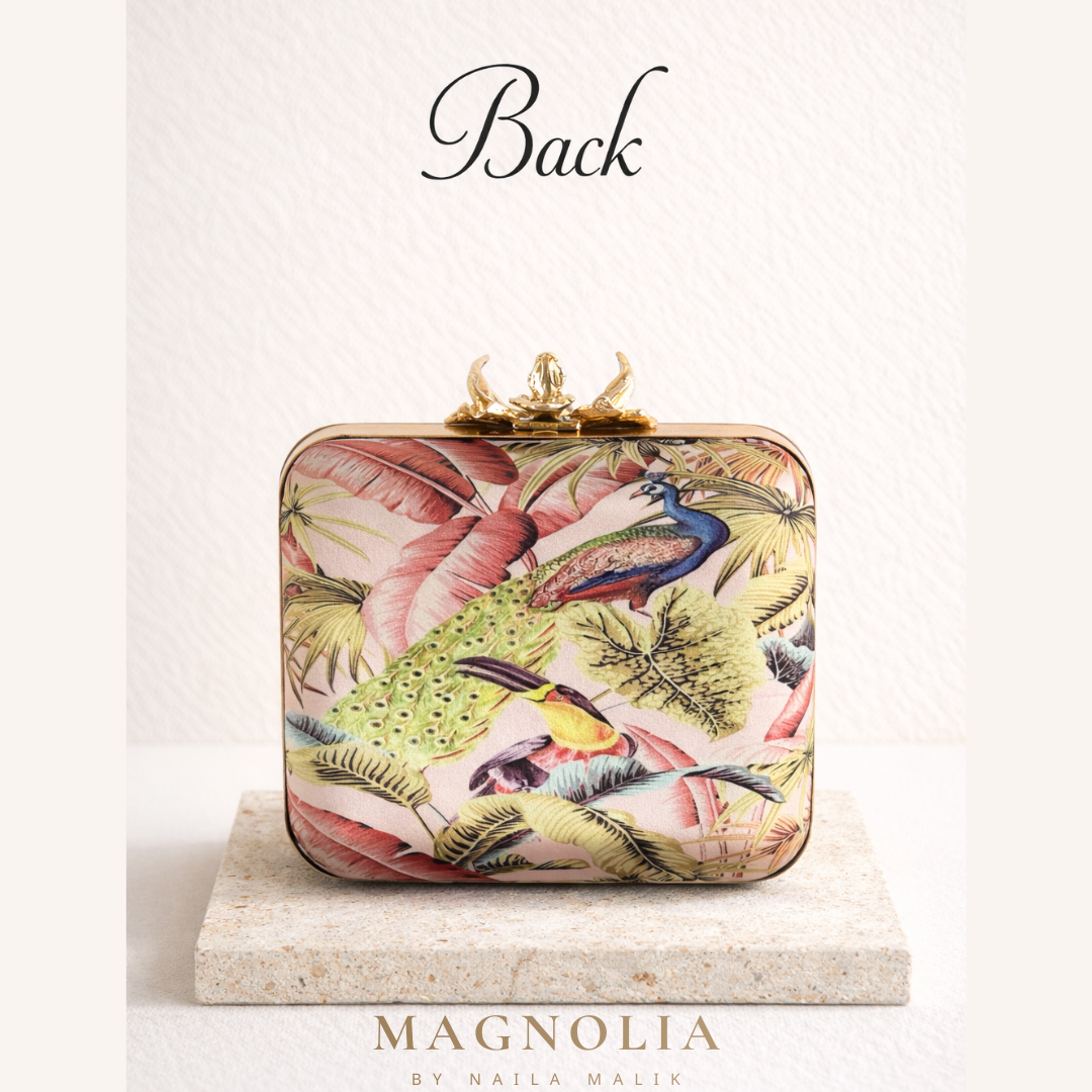 SAVANNAH Embroidered Bird Clutch Bag: Tropical Foliage, Beaded Evening Purse