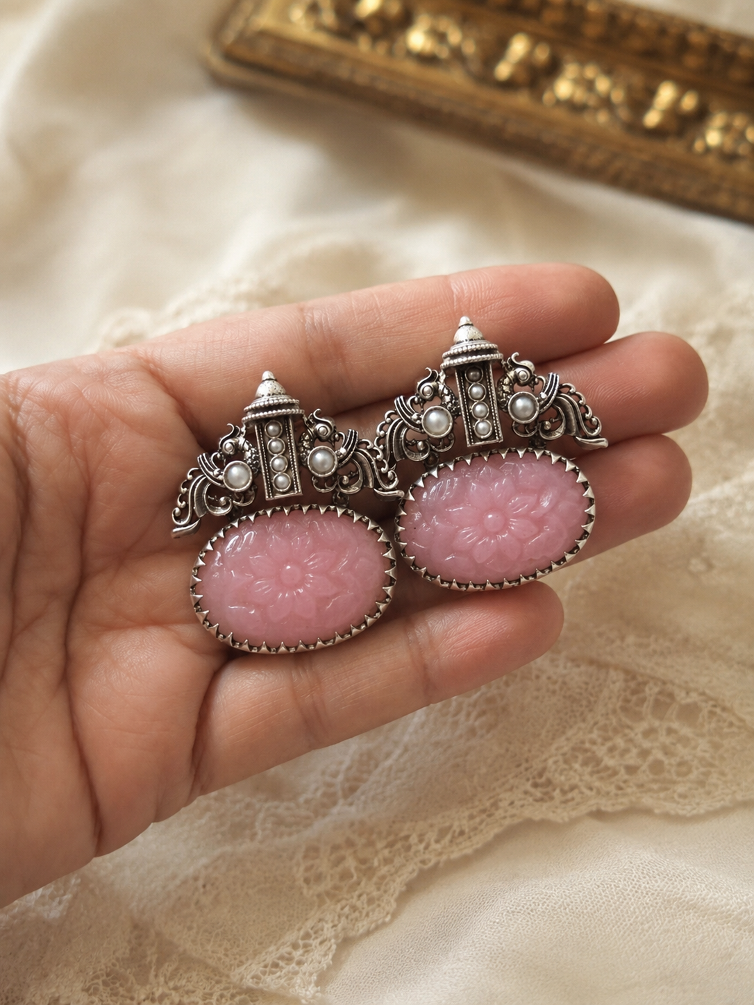 SIA | Oxidised Pink Stone Earrings