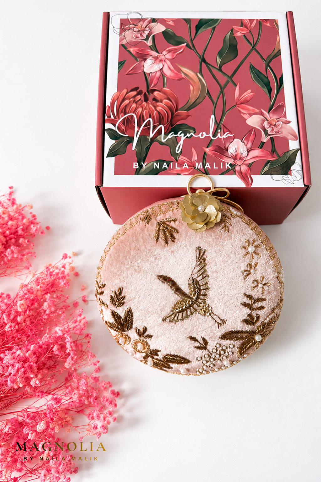FEZ| Pink Crane Embroidery Clutch